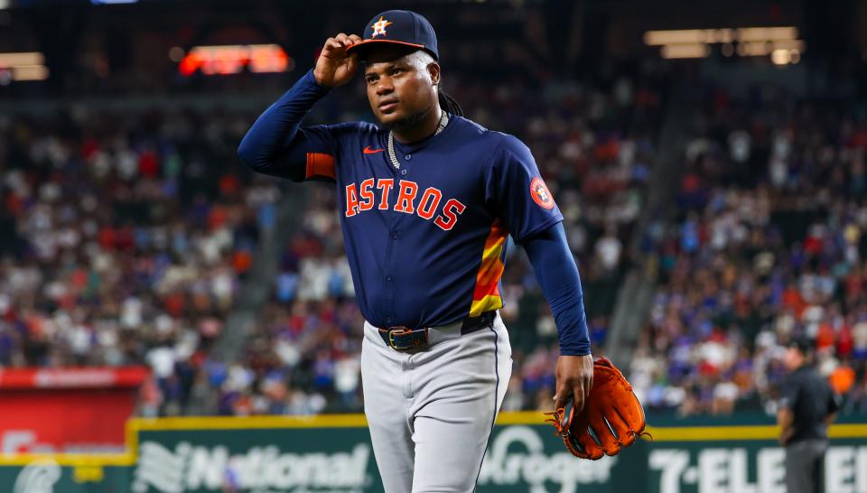 Aug 6, 2024; Arlington, Texas, USA; Houston Astros starting pitcher Framber Valdez (59) reacts after leaving the game and giving up a two-run home run to Texas Rangers shortstop Corey Seager (not pictured) during the ninth inning at Globe Life Field. Mandatory Credit: Kevin Jairaj-USA TODAY Sports