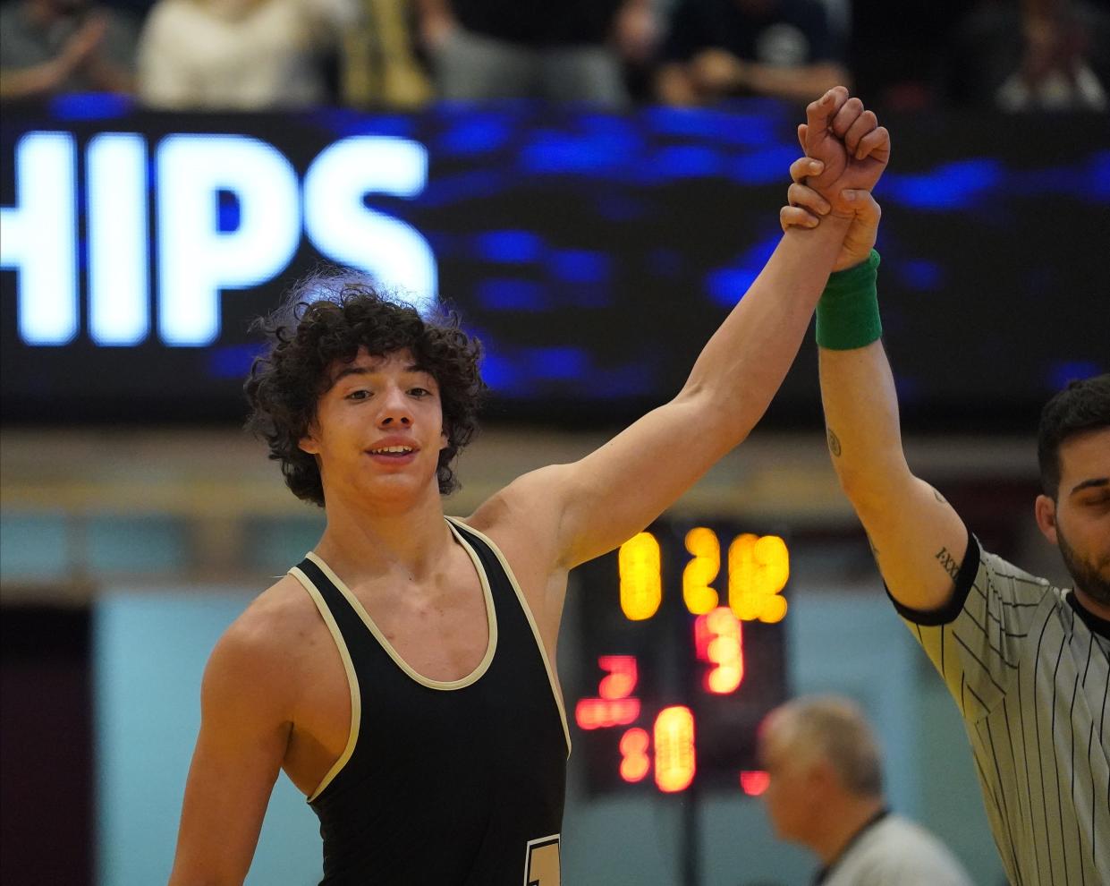 Nanuet's Ethan Badillo wrestles Pleasantville's Ciaran Egan in the 138-pound championship match at the Section 1, Division II wrestling championships at Westchester County Center on Saturday, Feb. 10, 2024.