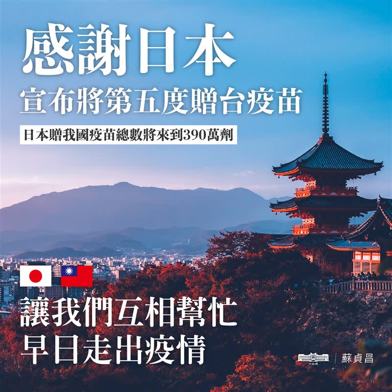 行政院長蘇貞昌在臉書感謝日本第五度捐贈台灣AZ疫苗。（圖／翻攝蘇貞昌臉書）
