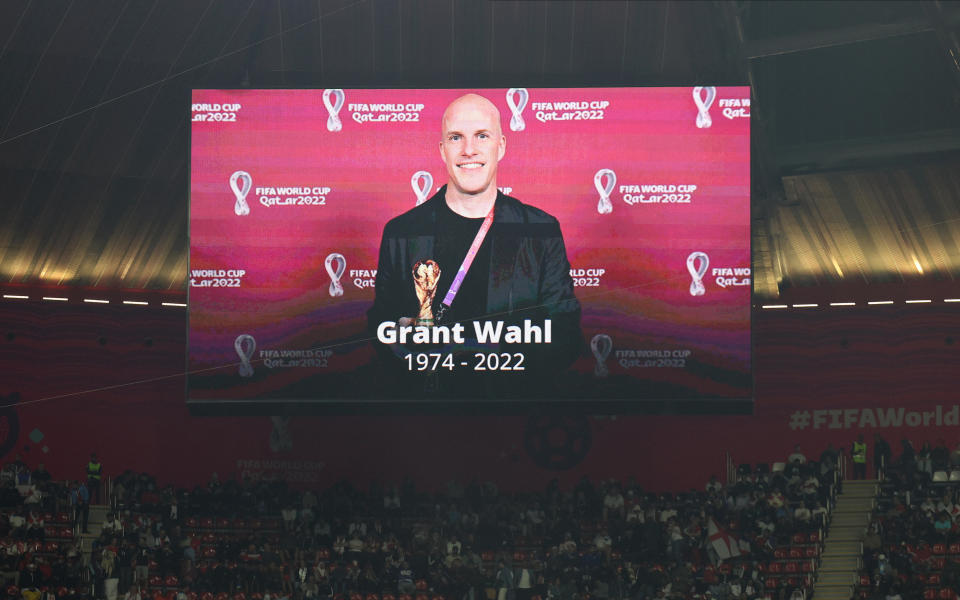 A tribute to U.S. soccer journalist Grant Wahl is displayed prior to the World Cup quarterfinal match between England and France at Al Bayt Stadium on Dec. 10, 2022, in Al Khor, Qatar. / Credit: Getty Images