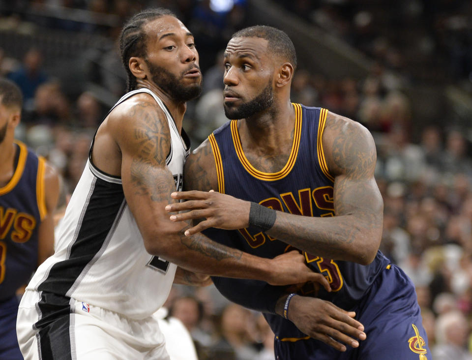 Las Vegas has laid odds for next year’s NBA champion and sees a significant chance of LeBron James and Kawhi Leonard switching teams. (AP)