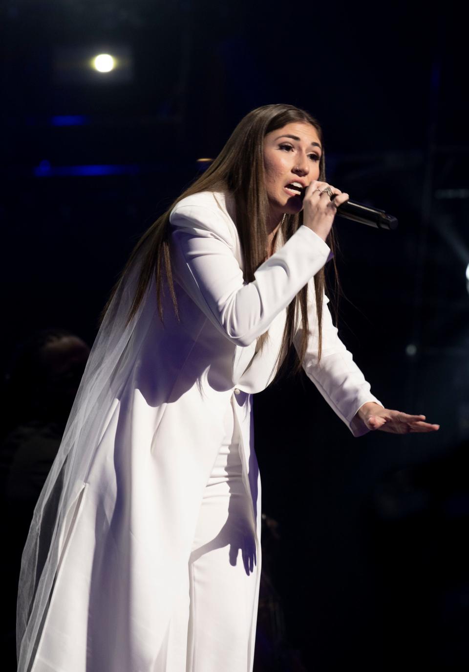 Katy Nichole performs during the 54th annual Dove Awards at Lipscomb University in Nashville , Tenn., Tuesday, Oct. 17, 2023. Nichole later went on to receive New Artist of the Year.