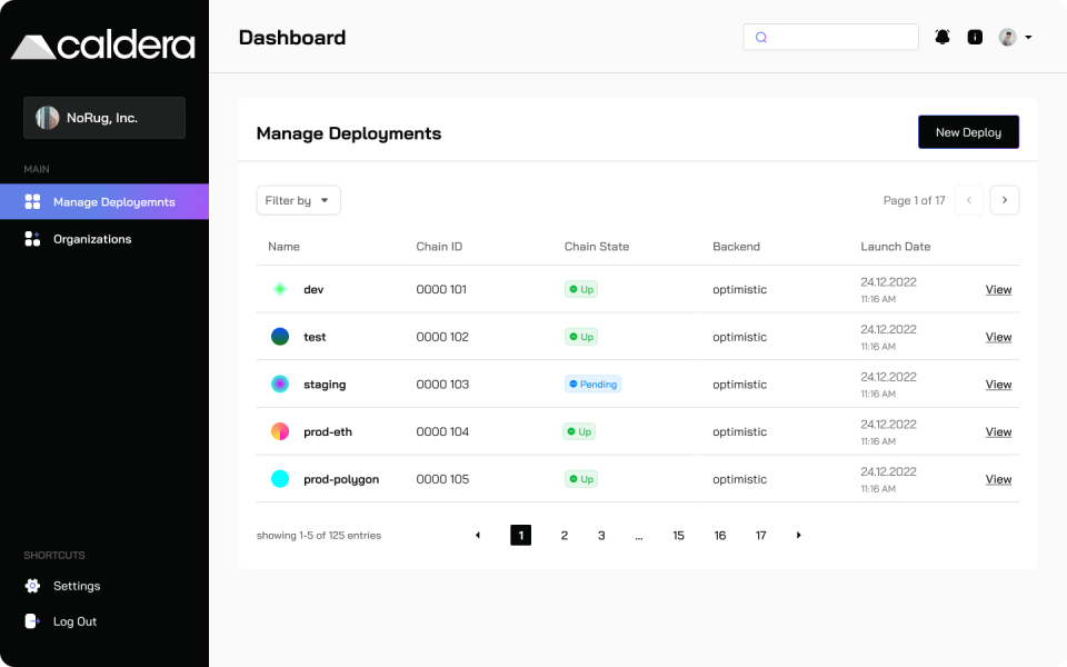 A screenshot of the Caldera web3 infrastructure platform interface