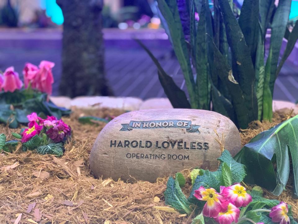 The garden has a memorial marker to honor each employee; Harold Loveless Operating room, Barbara Jenkins Armstrong Food and Nutrition, Dr. Jack McCarty UMC Physicians, and Michael Leal CICU, who lost their lives due to COVID-19.