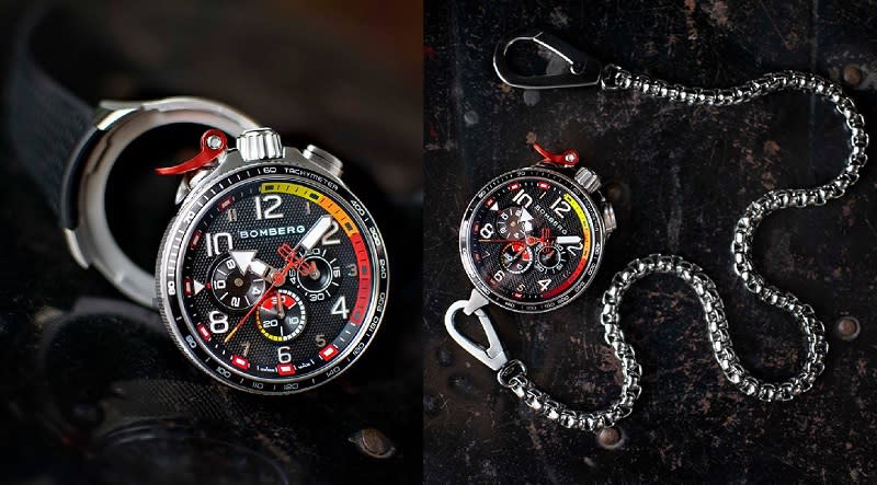 ▲Bomberg炸彈錶 Bolt-68 Racing系列，栓銷快拆裝置讓腕錶秒變懷錶。（圖片來源：Yahoo購物中心）
