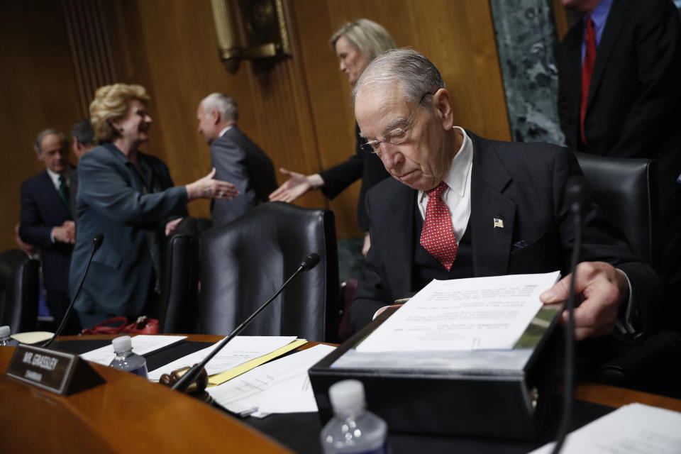 Sen. Chuck Grassley, R-Iowa chairman of the Senate Finance Committee, arrives for a hearing with drug company CEOs on drug prices, Tuesday, Feb. 26, 2019 on Capitol Hill in Washington. (AP Photo/Pablo Martinez Monsivais)