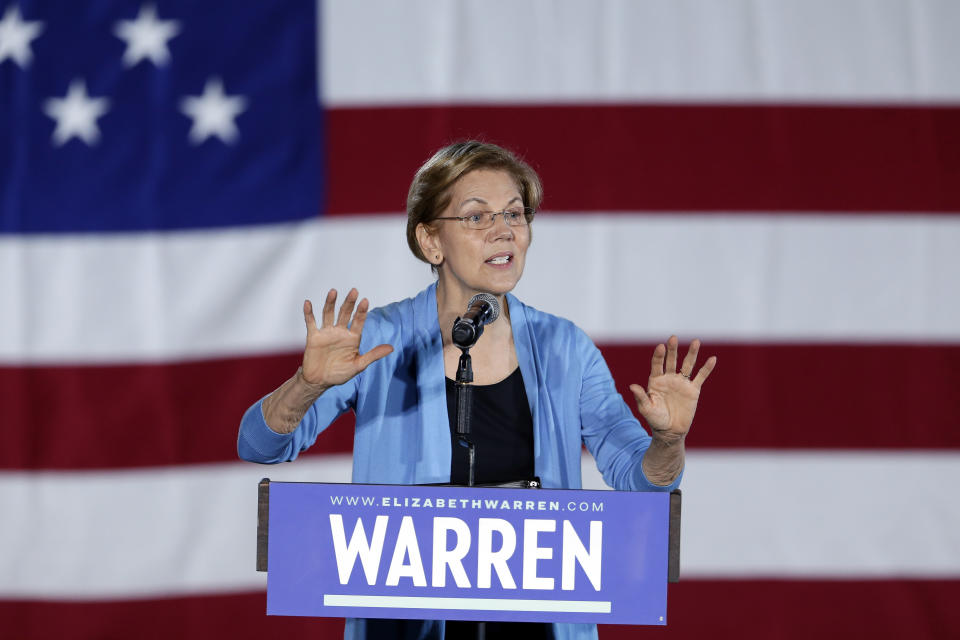 Sen. Elizabeth Warren, D-Mass., speaks to supporters during a town hall on  Feb. 29, 2020, at Discovery Green in Houston. (Michael Wyke/AP)  