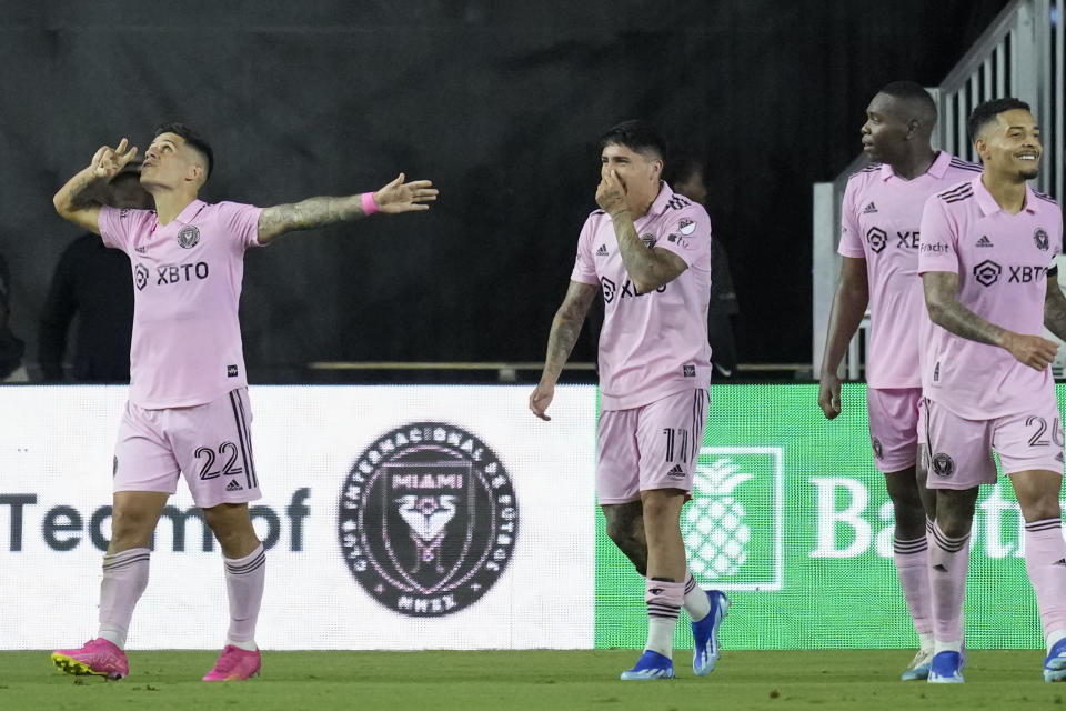 Inter Miami forward Nicolas Stefanelli (22) celebrates scoring his side's first goal against Charlotte FC during the first half of an MLS soccer match, Wednesday, Oct. 18, 2023, in Fort Lauderdale, Fla. (AP Photo/Rebecca Blackwell)