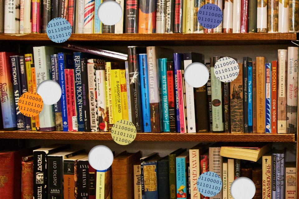 Multiple shelves full of books, with holes punched in the photo. Those cut-out circles have been flipped over, revealing the 1's and 0's of binary code.