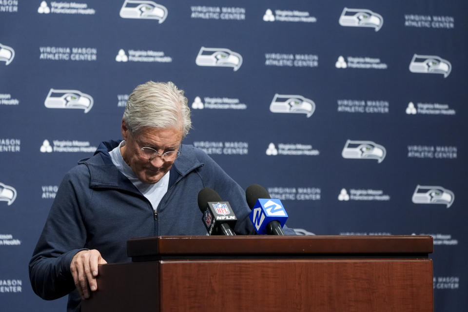 Former Seattle Seahawks head coach Pete Carroll becomes emotional during a media availability after it was announced he will not return as head coach next season, Wednesday, Jan. 10, 2024, at the NFL football team's headquarters in Renton, Wash. Carroll will remain with the organization as an advisor, according to a statement from owner Jody Allen. (AP Photo/Lindsey Wasson)