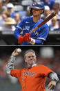 FILE - Top, Toronto Blue Jays' Cavan Biggio at bat against the Kansas City Royals during the sixth inning of a baseball game, Wednesday, June 8, 2022, in Kansas City, Mo. Bottom, former Major League Baseball player Craig Biggio throws out the ceremonial first pitch before Game 1 in baseball's World Series between the Houston Astros and the Atlanta Braves Tuesday, Oct. 26, 2021, in Houston. In all, more than two dozen major league offspring are on AL or NL rosters this year. The Blue Jays alone have three, including the sons of Hall of Famers Craig Biggio (Cavan) and Vladimir Guerrero (Vlad Jr.), along with Bo Bichette, whose father, Dante, was a four-time All-Star with the Rockies. (AP Photo/File)