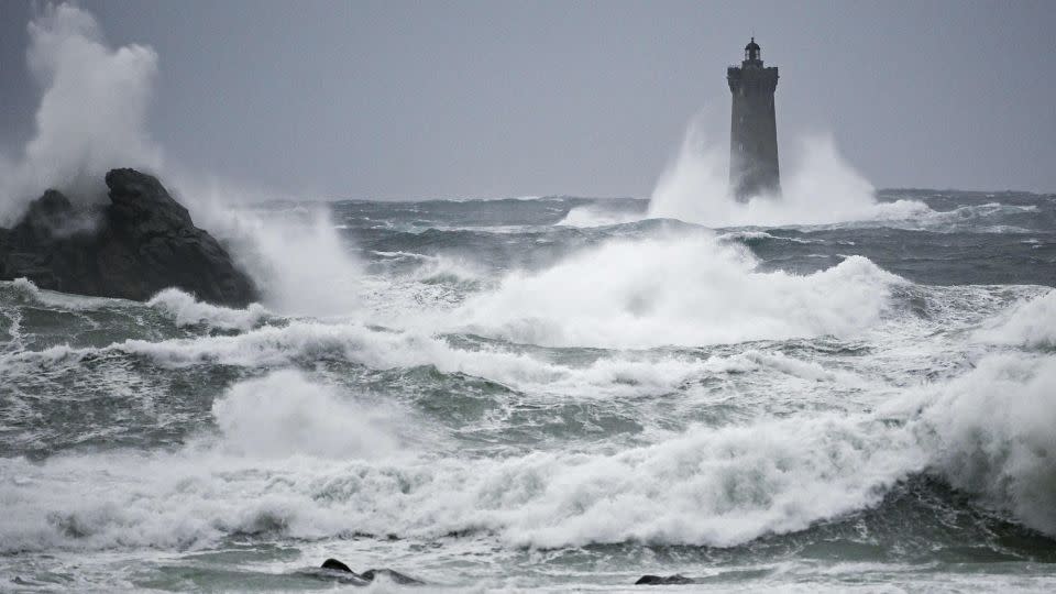 Waves crashing on the Phare du Four in Porspoder, western France, on November 2, 2023, as Storm Ciarán reached the region. - Damien Meyer/AFP/Getty Images