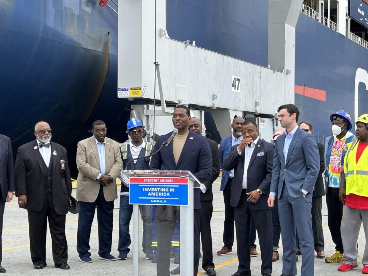 Michael Regan, U.S. Environmental Protection Agency Administrator, addresses a crowd at the Georgia Ports to announce federal funding for port electrification on May 5, 2023.