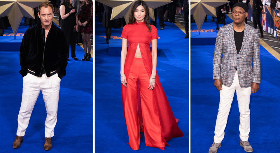 Pictured from left to right, Jude Law, Gemma Chan and Samuel L. Jackson. [Photo: Getty]