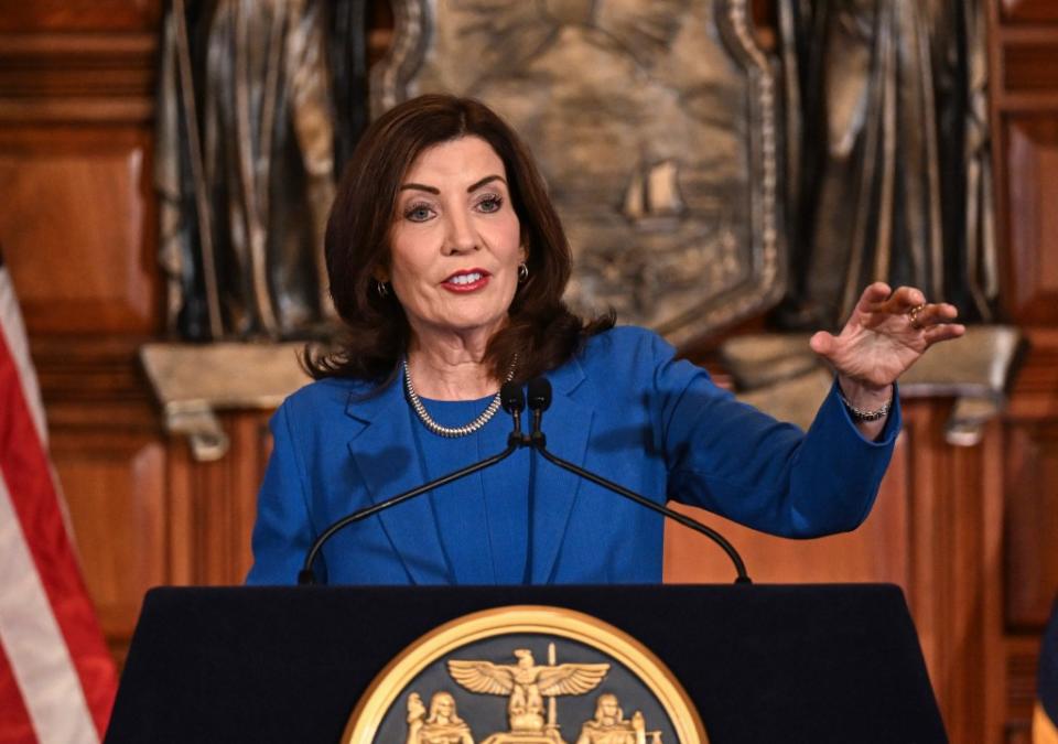 New York Gov. Kathy Hochul presents her 2025 executive state budget in the Red Room of the state Capitol on Jan 16. 2024. AP