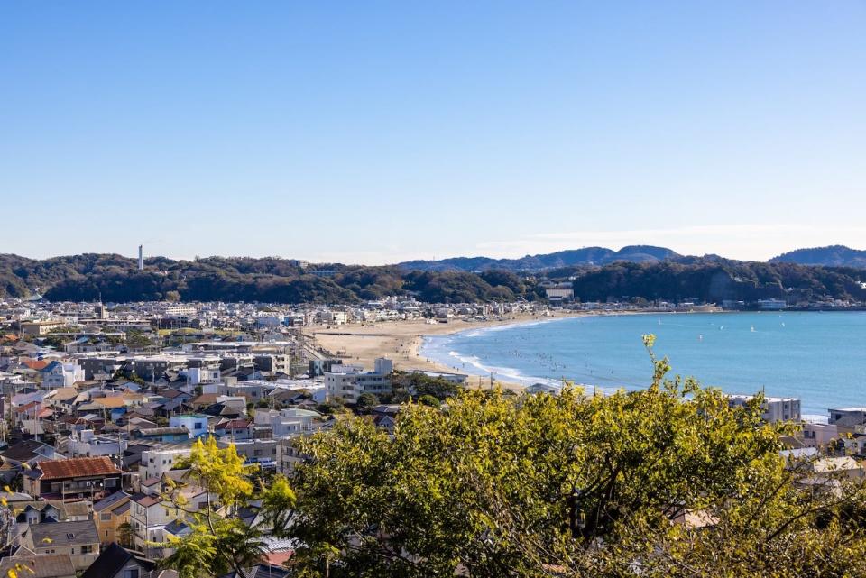 The view from Hase-dera Temple in Kamakura, Japan, showing the Shonan coastline and the Yuigahama Beach.