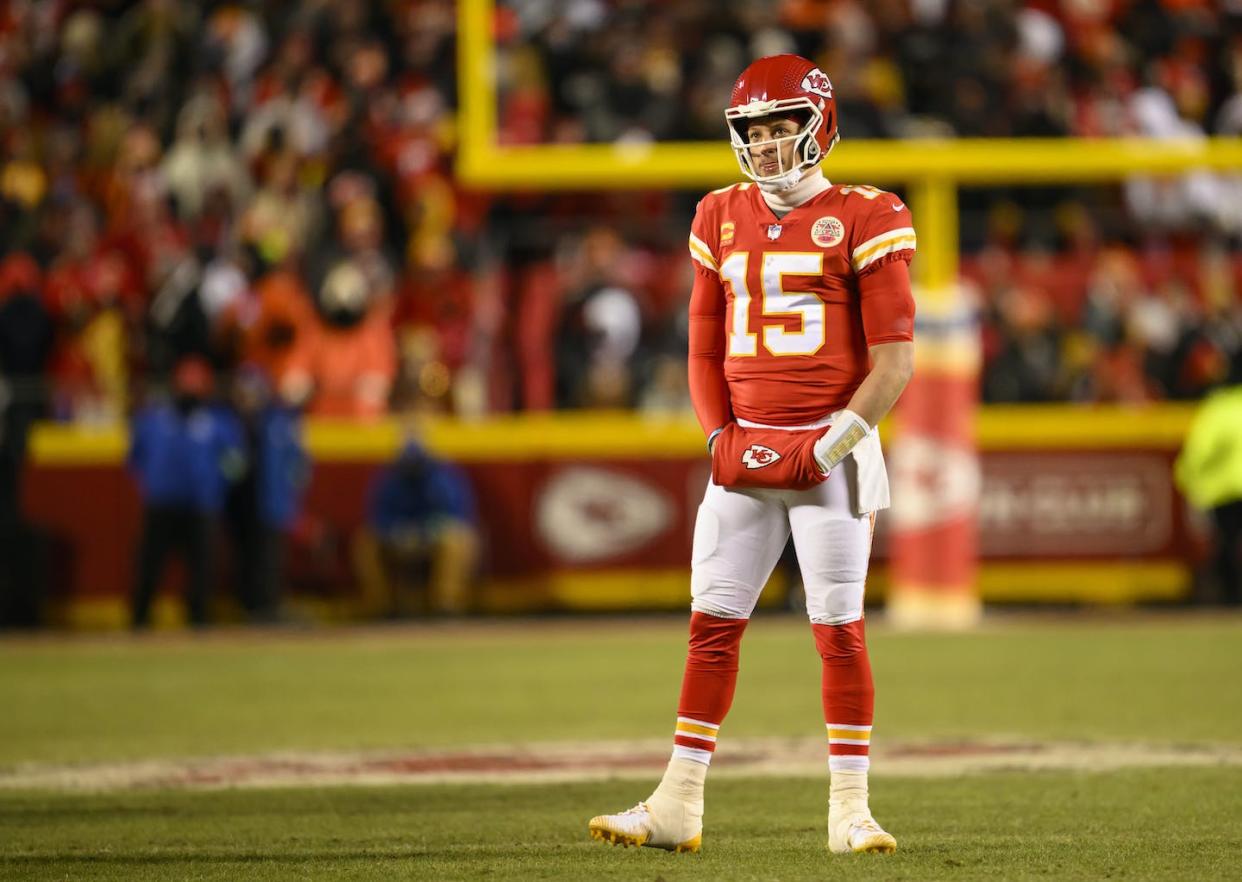 Kansas City Chiefs quarterback Patrick Mahomes sprained his right ankle in a playoff game against the Jacksonville Jaguars on Jan. 21, 2023. <a href="https://newsroom.ap.org/detail/BengalsChiefsFootball/e5bc45506f6949aca8a6fff63d3cc543/photo?Query=mahomes%20chiefs&mediaType=photo&sortBy=&dateRange=Anytime&totalCount=11452&currentItemNo=88" rel="nofollow noopener" target="_blank" data-ylk="slk:AP Photo/Reed Hoffmann;elm:context_link;itc:0;sec:content-canvas" class="link ">AP Photo/Reed Hoffmann</a>