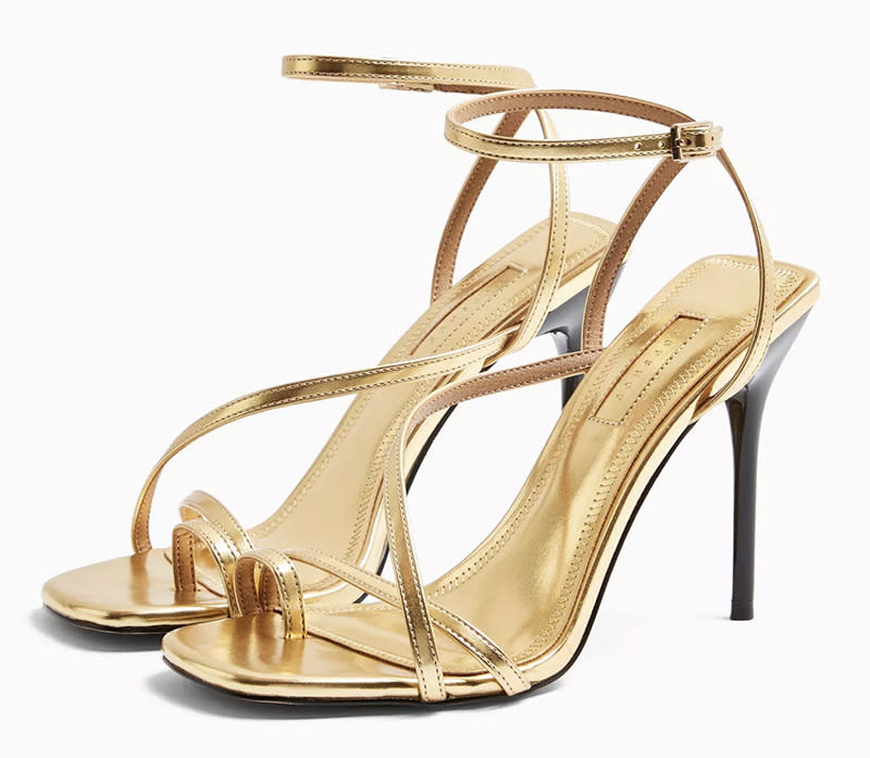 gold sandals, heels, ankle wrap, stiletto, topshop
