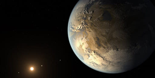 A planet that looks like Earth but with yellowish shades and a distant star are seen in space.