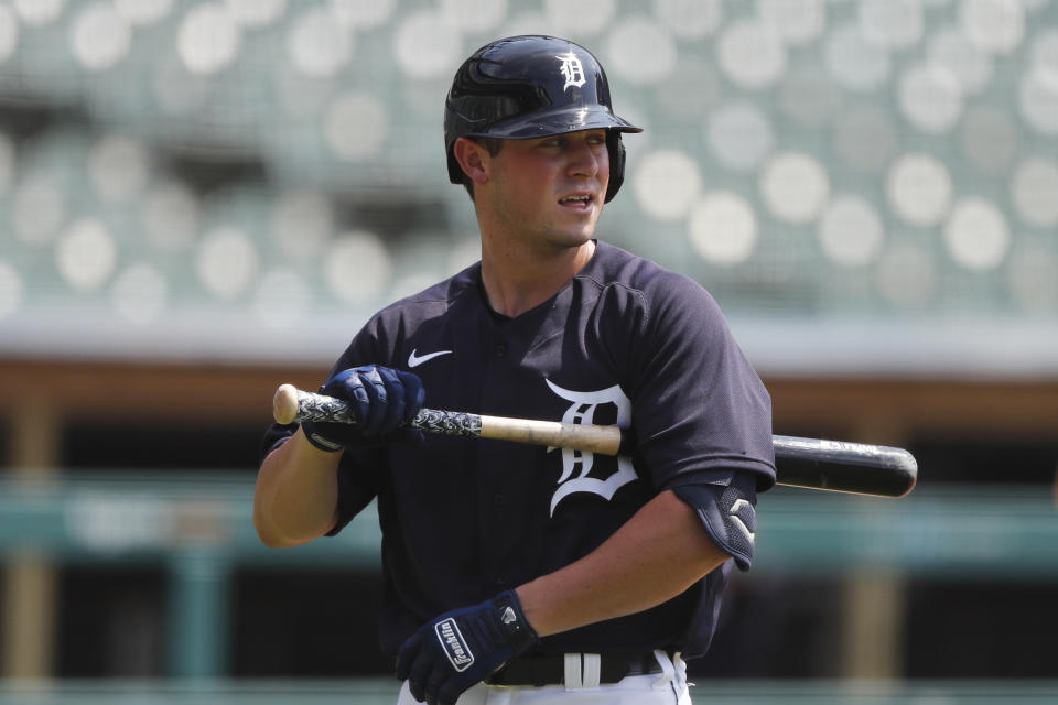 Detroit Tigers' Spencer Torkelson walks to the dugout during an intrasquad baseball game, Friday, July 10, 2020, in Detroit. (AP Photo/Carlos Osorio)