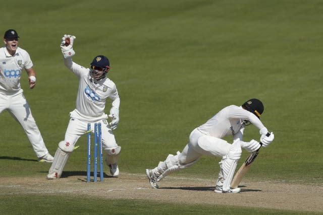 Ollie Robinson completes a surprise win against Sussex last season.