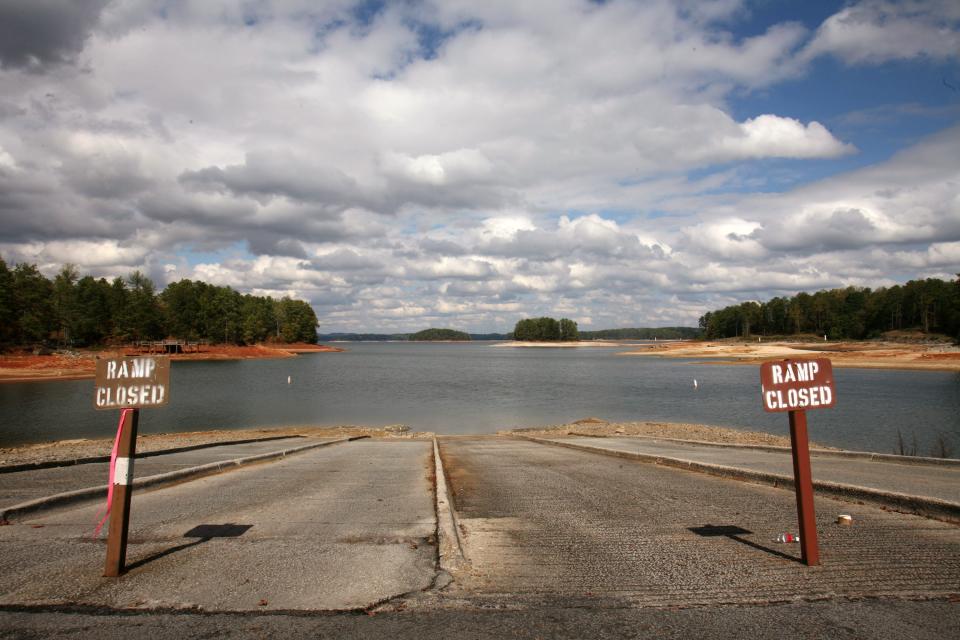 Signs at a boat ramp read: Ramp closed