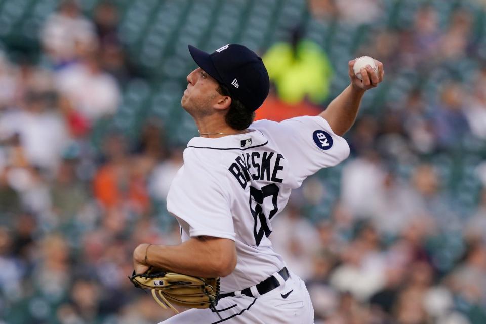 Detroit Tigers starting pitcher Beau Brieske throws during the fourth inning of the second baseball game of a doubleheader against the Colorado Rockies, Saturday, April 23, 2022, in Detroit.