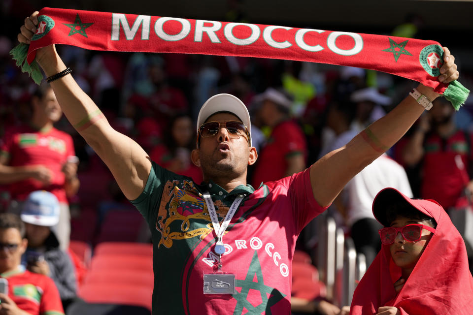 A Morocco supporter looks on prior to the World Cup group F soccer match between Morocco and Croatia, at the Al Bayt Stadium in Al Khor, Qatar, Wednesday, Nov. 23, 2022. (AP Photo/Themba Hadebe)