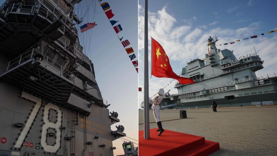 A composite image shows the American flag flying near the bridge of the US Navy's first-in-class aircraft carrier USS Gerald R. Ford and the Chinese flag flying near China's aircraft carrier Shandong.