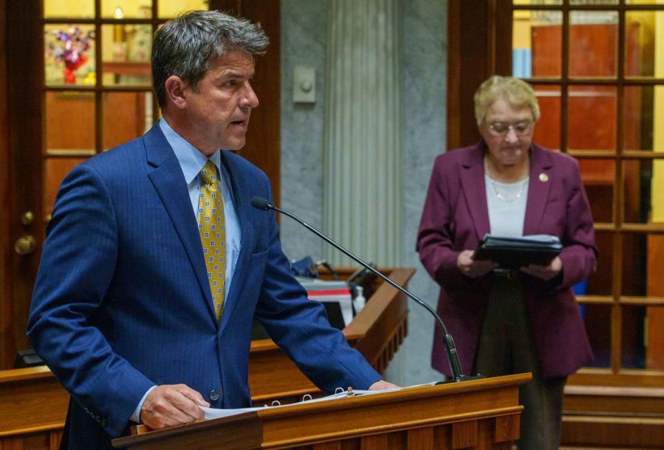 Inside the Senate Chamber of the Indiana Statehouse, Senate President Pro Tem Rodric Bray, R-Martinsville, and Sen. Sue Glick, R-LaGrange, speak Wednesday, July 20, 2022, about bills they are introducing and a Senate schedule for the special session that will begin July 25. 