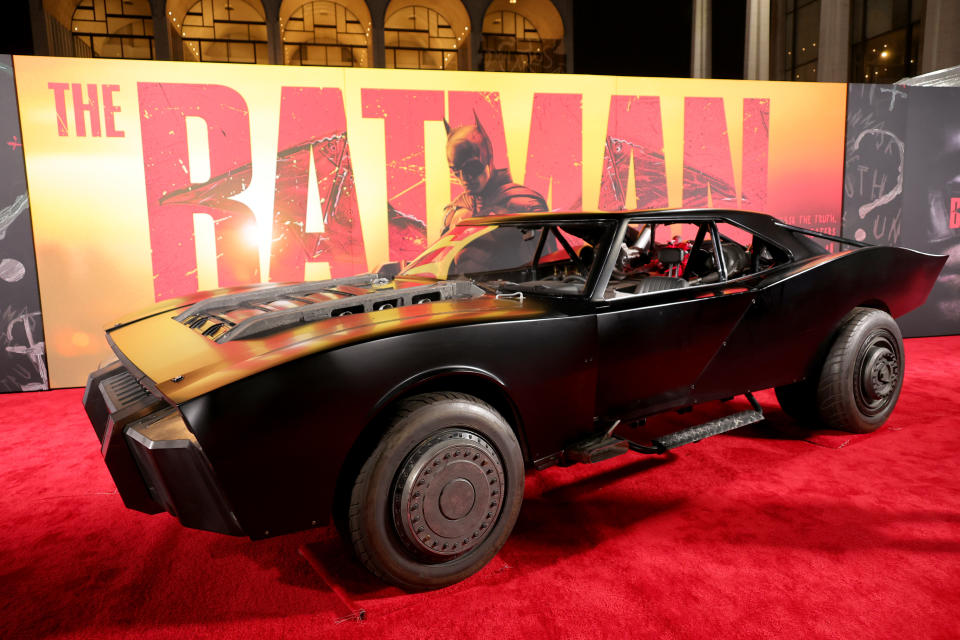 <p>NEW YORK, NEW YORK - MARCH 01: A view of the Batmobile from "The Batman" World Premiere on March 01, 2022 in New York City. (Photo by Cindy Ord/WireImage)</p> 