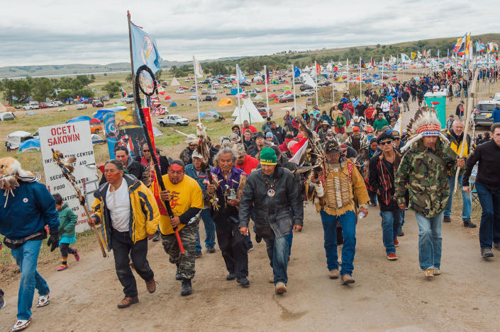 <p>Protesters demonstrate against the Dakota Access oil pipeline near the Standing Rock Sioux reservation in Cannon Ball, N.D., on Sept. 9, 2016. (Photo: Andrew Cullen/Reuters) </p>
