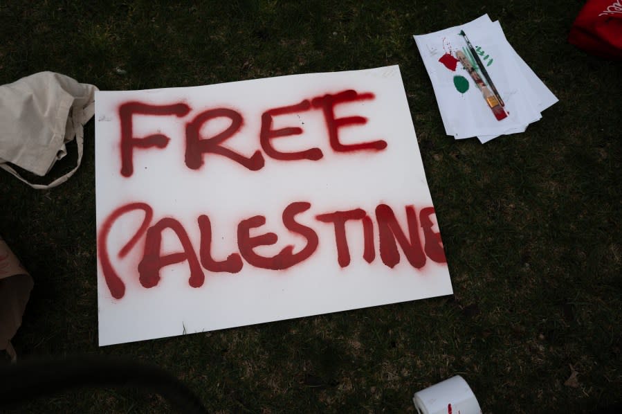 CHICAGO, ILLINOIS – APRIL 29: A painted protest sign sits on the grass at a tent encampment established on the campus of the University of Chicago to show support for Palestinians in Gaza on April 29, 2024 in Chicago, Illinois. The encampment is one of dozens being established by students at universities around the country who are calling for a ceasefire in Gaza, where nearly 35,000 people have been killed in Israeli attacks since the October 7 attack on Israel by Hamas. (Photo by Scott Olson/Getty Images)