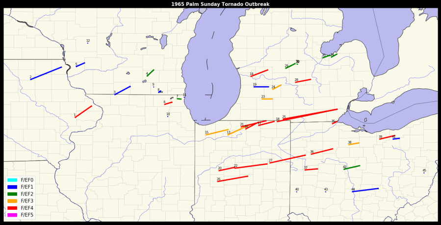 Paths of the Palm Sunday Tornadoes..through 6 states