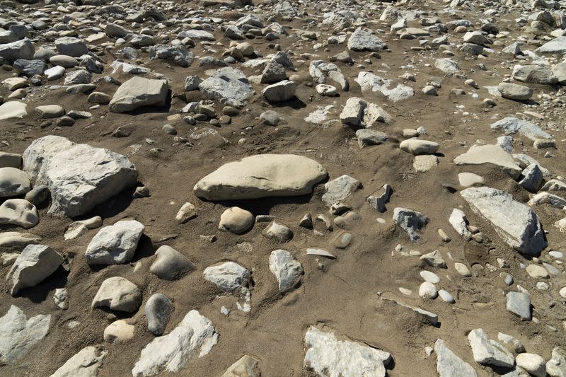 A view of mud and rocks near the Oldman Reservoir, near Pincher Creek, Alberta