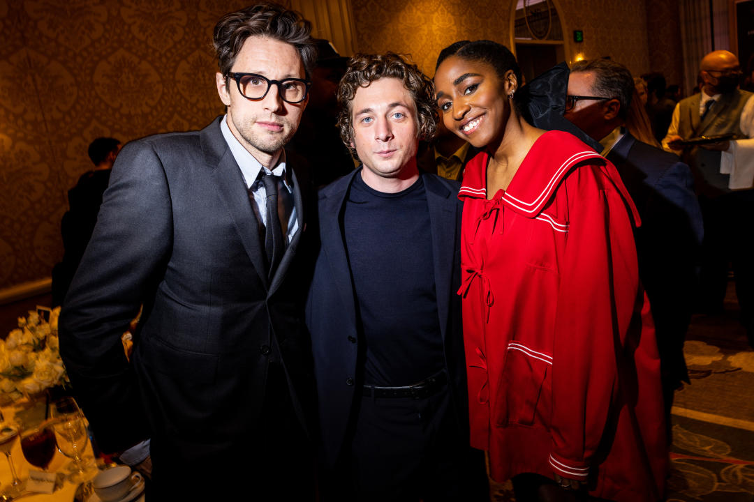 Los Angeles, CA - January 13: Christopher Storer, left, creator of the FX series, The Bear, with the shows lead and Golden Globe-winning actor, Jeremy Allen White, center and co-star Ayo Edebiri, at the AFI Awards at Four Seasons hotel, in Los Angeles, CA, Friday, Jan. 13, 2023. The entertainment industrys biggest names mingle, on the awards seasons road toward the Oscars. (Jay L. Clendenin / Los Angeles Times via Getty Images)