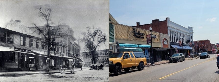 Knotty Walk in downtown Taunton pictured in 1879, left, and in 2023, right.