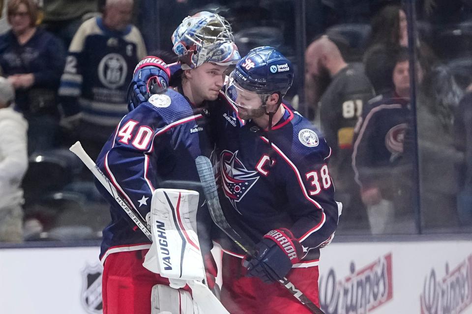 Mar 4, 2024; Columbus, Ohio, USA; Columbus Blue Jackets goaltender Daniil Tarasov (40) gets a hug from center Boone Jenner (38) following the NHL hockey game against the Vegas Golden Knights at Nationwide Arena. The Blue Jackets won 6-3.