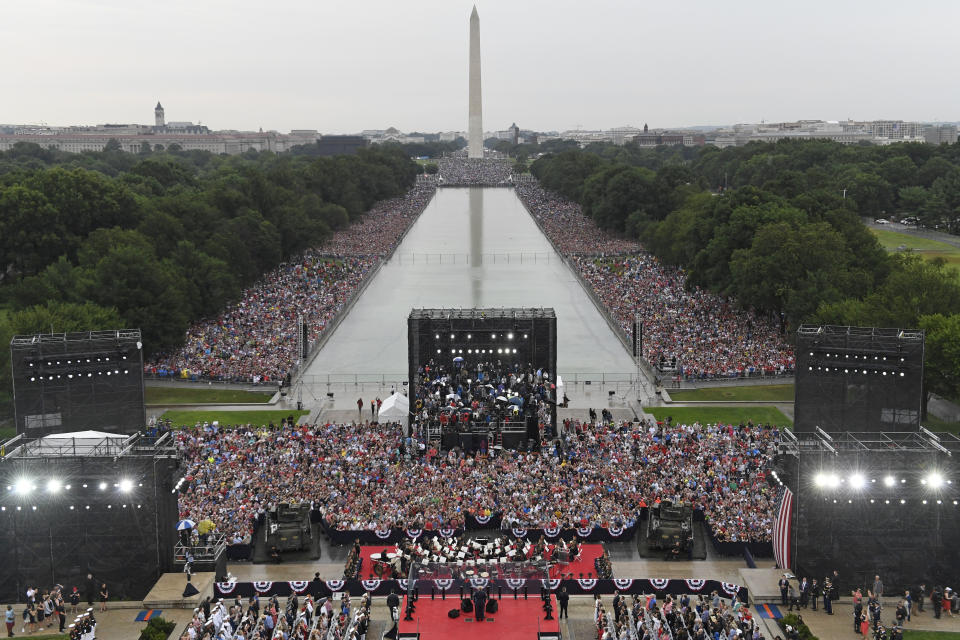 President Donald Trump speaks during an Independence Day celebration in front of the Lincoln Memorial in Washington, Thursday, July 4, 2019. The Washington Monument and the reflecting pool are in the background(AP Photo/Susan Walsh, Pool)