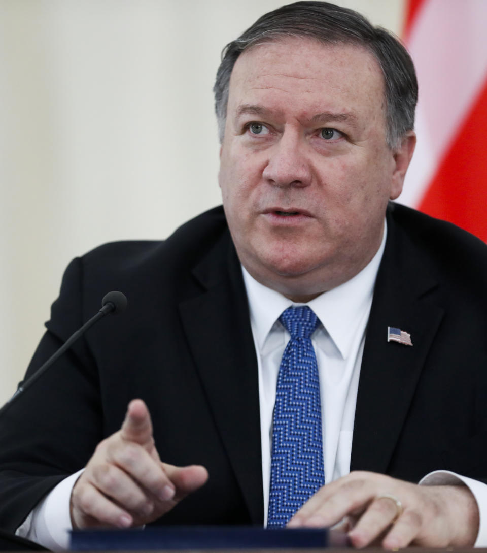 U.S. Secretary of State Mike Pompeo gestures while speaking during his and Russian Foreign Minister Sergey Lavrov joint news conference following the talks in the Black Sea resort city of Sochi, southern Russia, Tuesday, May 14, 2019. Pompeo's first trip to Russia starts Tuesday in Sochi, where he and Russian Foreign Minister Sergey Lavrov are sitting down for talks and then having a joint meeting with President Vladimir Putin. (AP Photo/Pavel Golovkin, Pool)