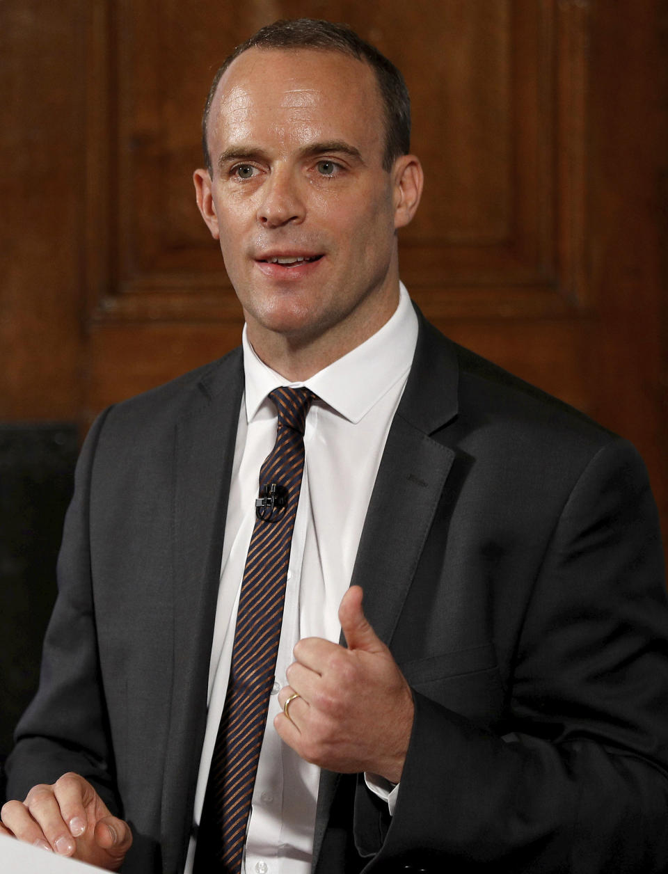 Britain’s Secretary of State for Exiting the European Union, Dominic Raab gestures during his speech outlining the government’s plans for a no-deal Brexit. (Peter Nicholls/Pool Photo via AP)