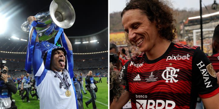Brazil international David Luiz celebrating winning the Champions League with Chelsea in 2012 (left) and the Copa Libertadores with Flamengo (2022) Credit: Alamy