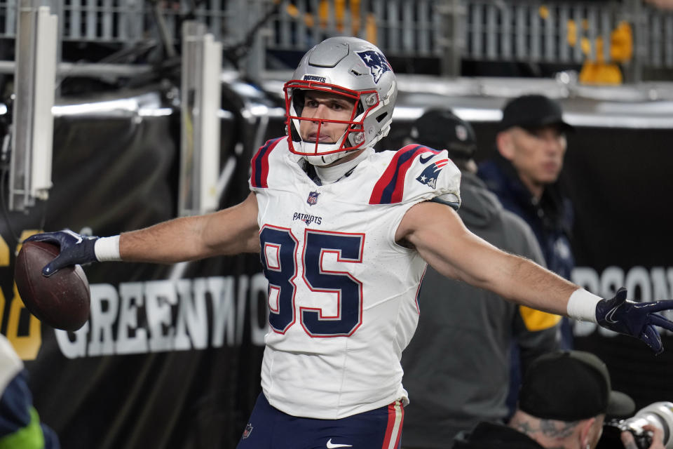 New England Patriots tight end Hunter Henry (85) celebrates after scoring during the first half of an NFL football game against the Pittsburgh Steelers on Thursday, Dec. 7, 2023, in Pittsburgh. (AP Photo/Gene J. Puskar)