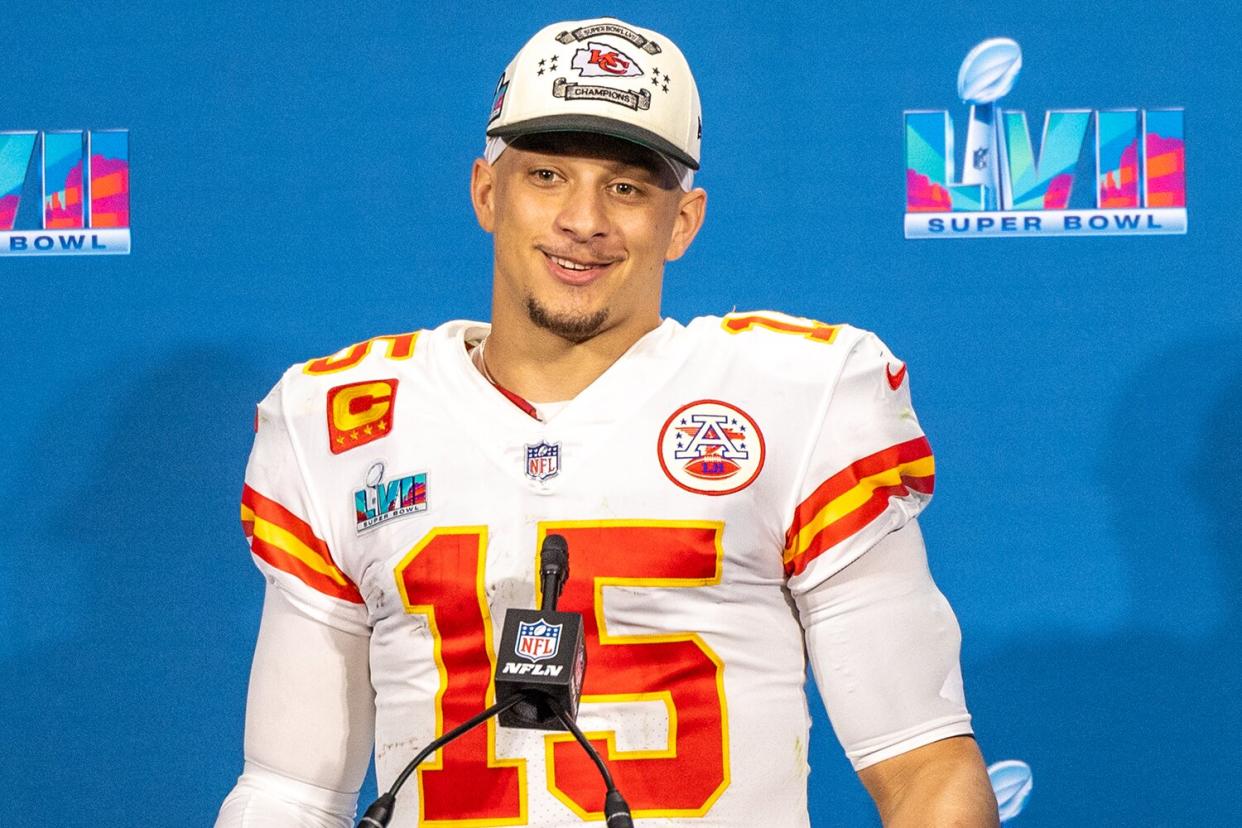 Patrick Mahomes (15) is interviewed during Super Bowl LVII between the Philadelphia Eagles and the Kansas City Chiefs