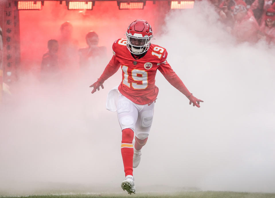 Jan 21, 2023; Kansas City, Missouri, USA; Kansas City Chiefs wide receiver Kadarius Toney (19) is introduced prior to an AFC divisional round game at GEHA Field at Arrowhead Stadium. Mandatory Credit: Denny Medley-USA TODAY Sports