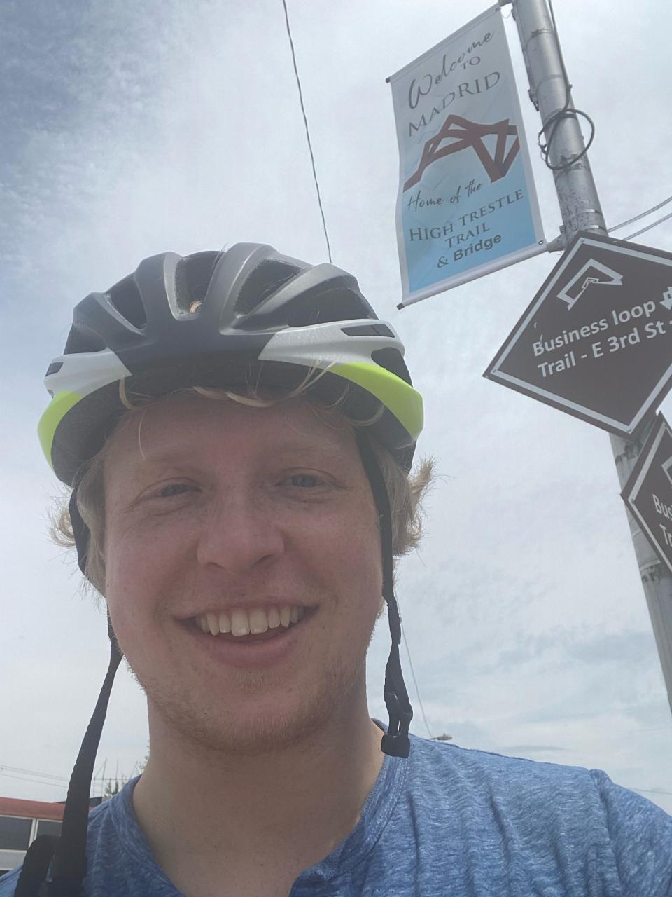 James Douthit of Ames takes a selfie near the High Trestle Trail as he cycled to an ice cream shop in Madrid.