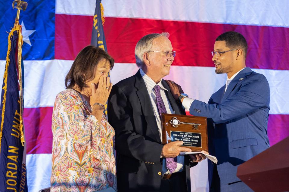 Stan and Denise Smart receive a key to the city by Mayor Kevin Lincoln during the 2023 State of the City on Thursday, May 18, 2023, at the Port of Stockton. The Smarts were recognized for the Kristin Smart Campus Safety Act that became law in 1998 and have formed a Kristin Smart Scholarship.