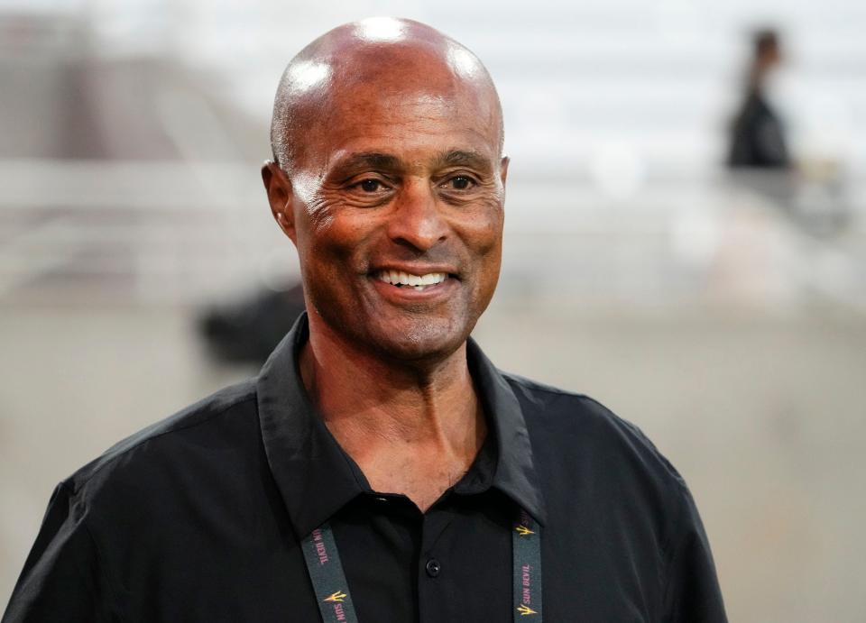 Sep 23, 2023; Tempe, Arizona, USA; Arizona State vice president for university athletics Ray Anderson watches the pregame warmup before the Sun Devils play the USC Trojans at Mountain America Stadium. Mandatory Credit: Rob Schumacher-Arizona Republic