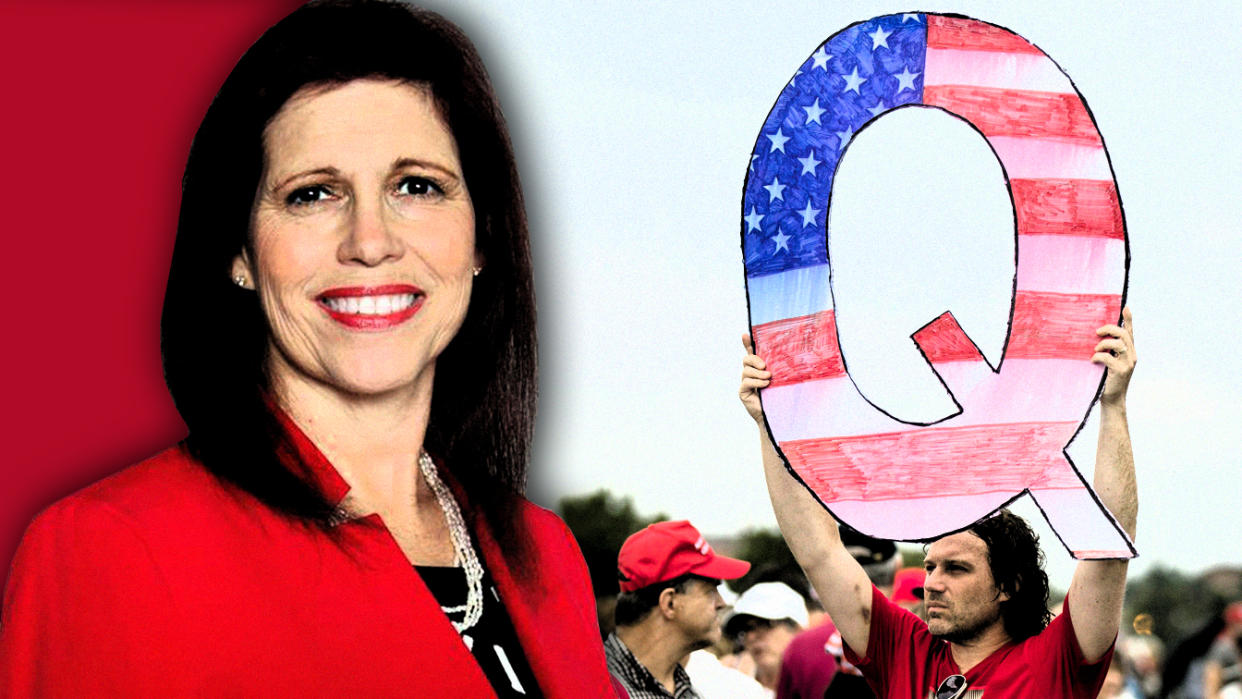 Jo Rae Perkins and Qanon. (Photo illustration: Yahoo News; photos: perkinsforussenate.vote, Matt Rourke/AP