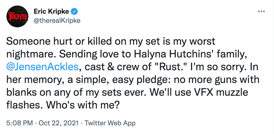 Eric Kripke pledged to ban ‘guns with blanks’ from the his TV show sets (Twitter @therealKripke)